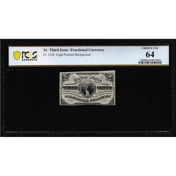 1863 Third Issue Three Cents Fractional Currency Note Fr.1226 PCGS Choice Unc 64