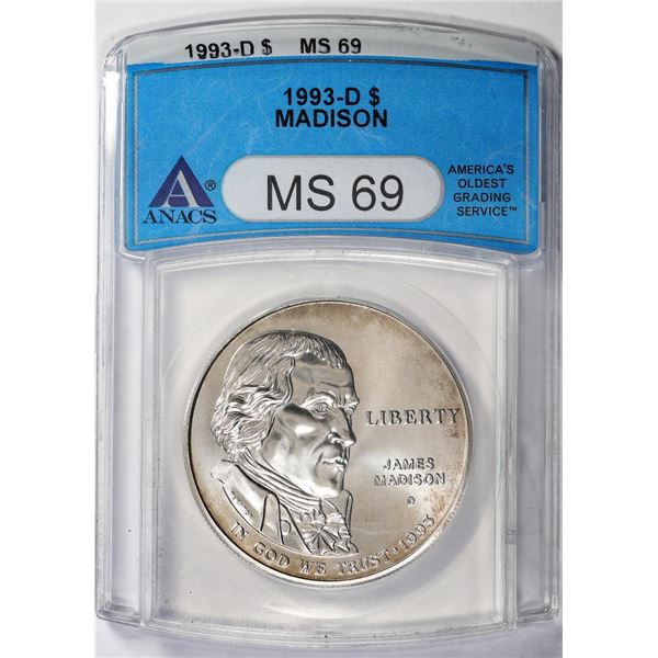 1993-D $1 James Madison Commemorative Silver Dollar Coin ANACS MS69