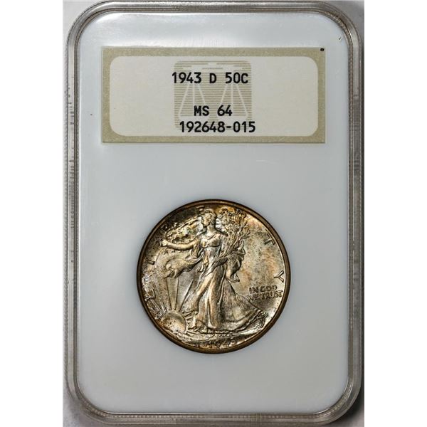 1943-D Walking Liberty Half Dollar Coin NGC MS64 Old Fatty Holder Nice Toning