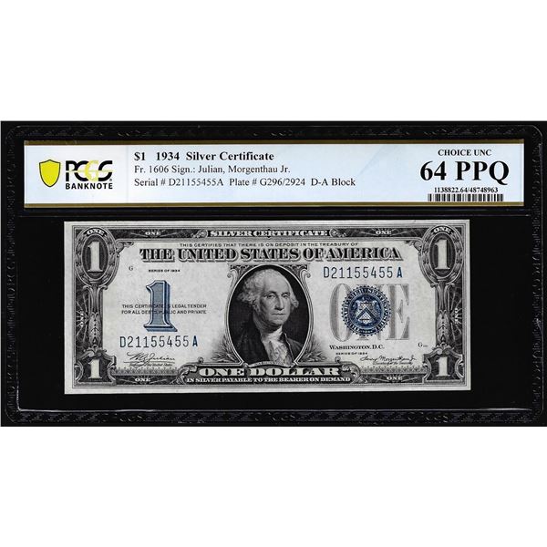 1934 $1 Funnyback Silver Certificate Note Fr.1606 PCGS Choice Uncirculated 64PPQ