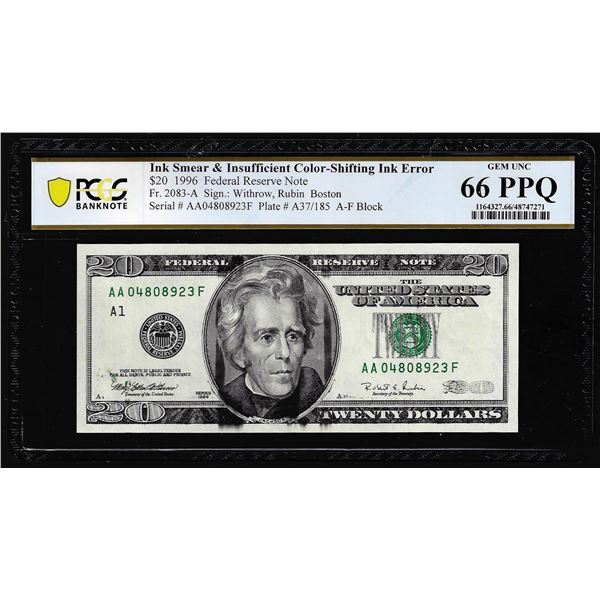 1996 $20 Federal Reserve Note Ink Smear & Insufficient Color Error PCGS Gem Unc 66PPQ