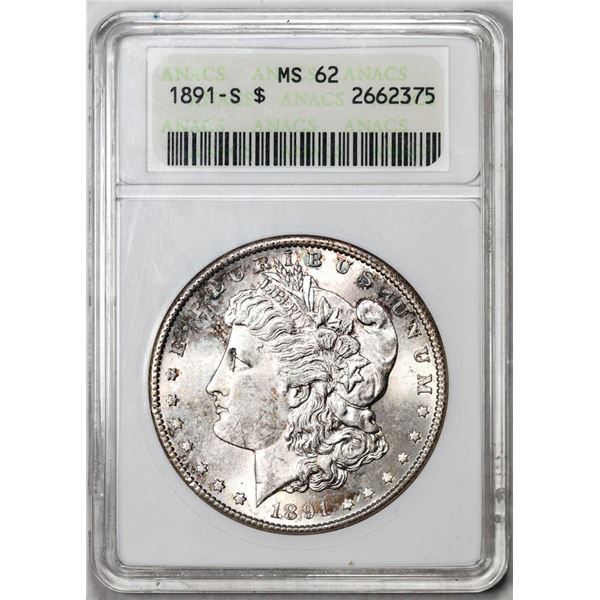 1891-S $1 Morgan Silver Dollar Coin ANACS MS62 Old Soap Box Holder