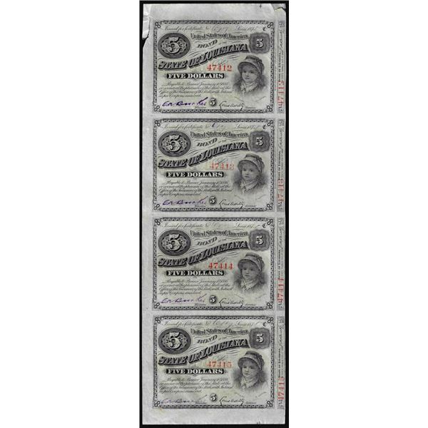 Uncut Sheet of (4) State of Louisiana Baby Bond Obsolete Notes