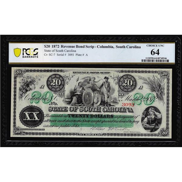 1872 $20 State of South Carolina Revenue Bond Scrip Obsolete Note PCGS Choice Unc 64