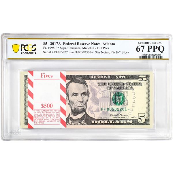 Pack 2017A $5 Federal Reserve STAR Notes Atlanta Fr.1998-F* PCGS Superb Gem UNC 67PPQ