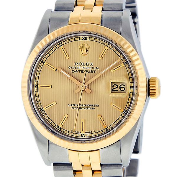Rolex Mens Two Tone Champagne Tapestry Index Datejust Wristwatch