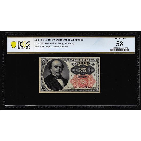 1874 Fifth Issue Twenty-Five Cents Fractional Currency Note Fr.1308 PCGS Choice AU 58