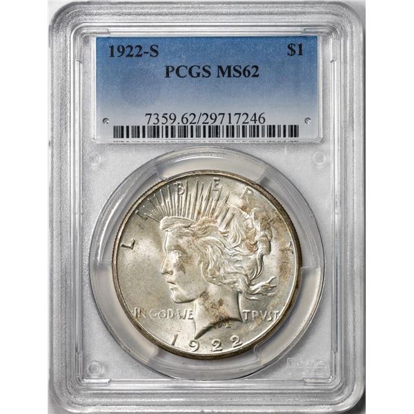 1922-S $1 Peace Silver Dollar Coin PCGS MS62
