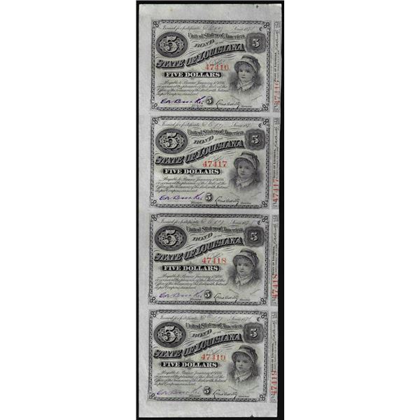 Uncut Sheet of (4) State of Louisiana Baby Bond Obsolete Notes