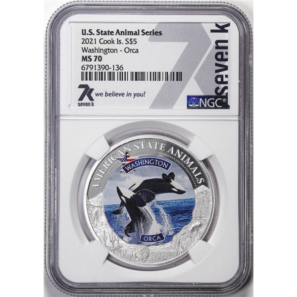 2021 Cook Islands $5 Washington Orca Silver Coin NGC MS70