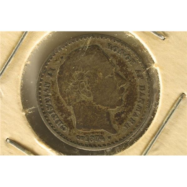 1874 DENMARK SILVER 25 ORE .0467 OZ. ASW