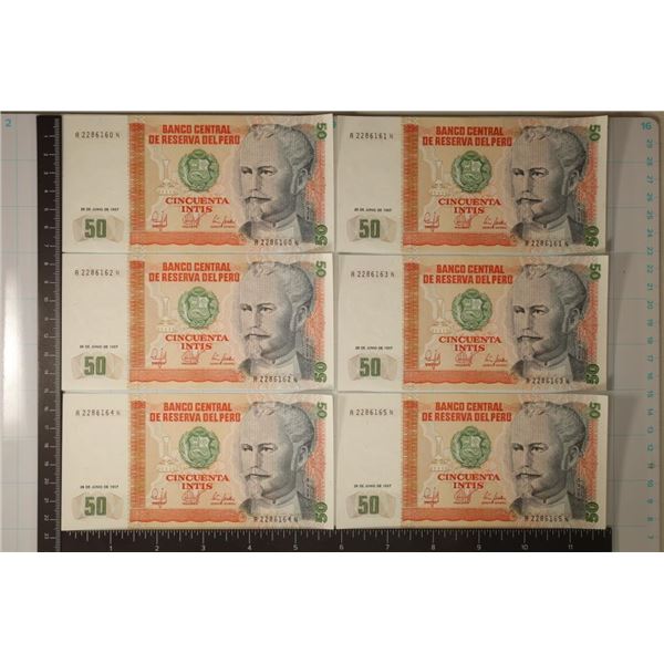 6-1987 PERU 50 INTIS CRISP UNC COLORIZED BILLS