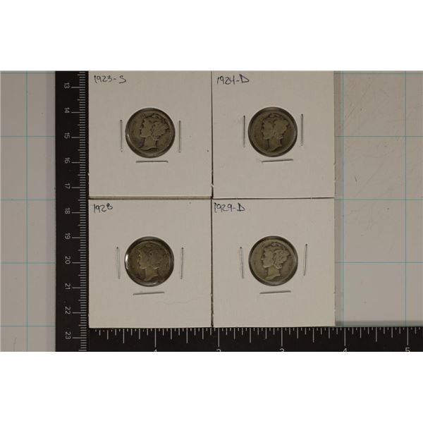 1923-S, 24-D, 28 AND 1929-D SILVER MERCURY DIMES