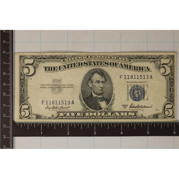 1953-A US $5 SILVER CERTIFICATE BLUE SEAL