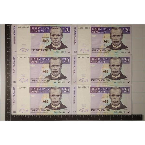 6-1997 MALAWI 20 KWACHA COLORIZED BILLS, 2 HAVE