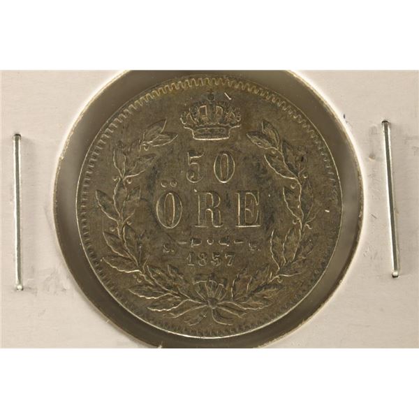 1857 SWEDEN SILVER 50 ORE .1025 OZ. ASW SCRATCHED