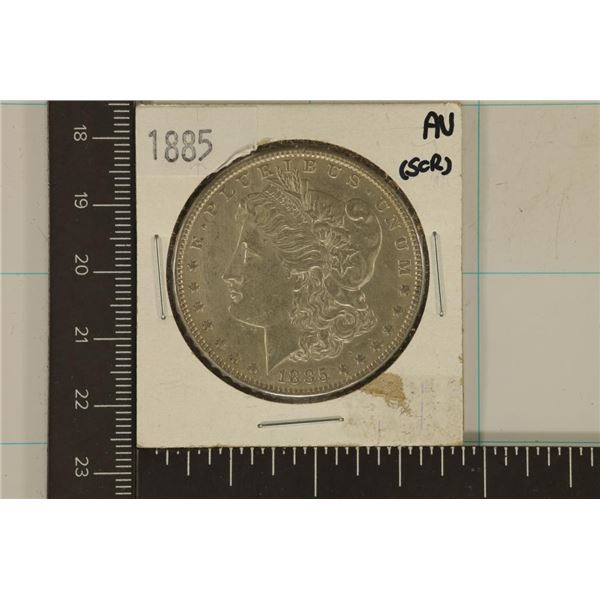 1885 MORGAN SILVER DOLLAR AU WITH SCRATCHES