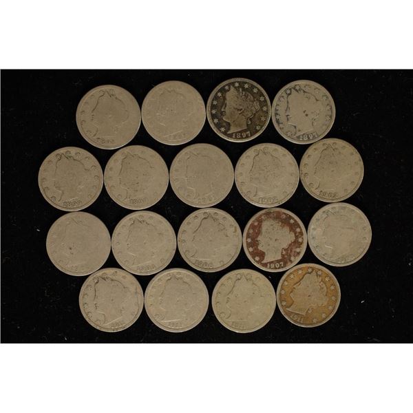 18 ASSORTED LIBERTY "V" NICKELS: 1893-1911