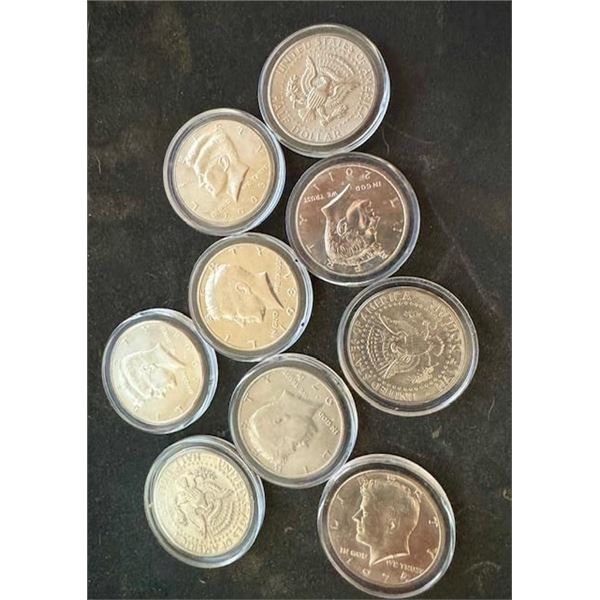 9 Kennedy Half Dollars Clad Proof ~ Coins from Original U.S. Mint Proof Set Years include 1971-2011