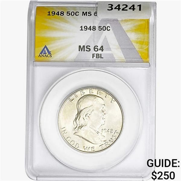 1948 Franklin Half Dollar ANACS MS64 FBL