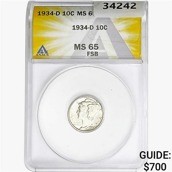 1934-D Mercury Silver Dime ANACS MS65 FSB