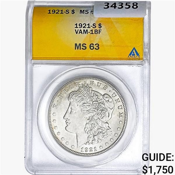 1921-S Morgan Silver Dollar ANACS MS63 VAM-1BF