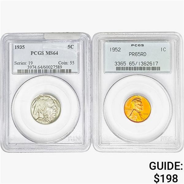[2]1935-1952 1C Wheat & 5C Buffalo PCGS