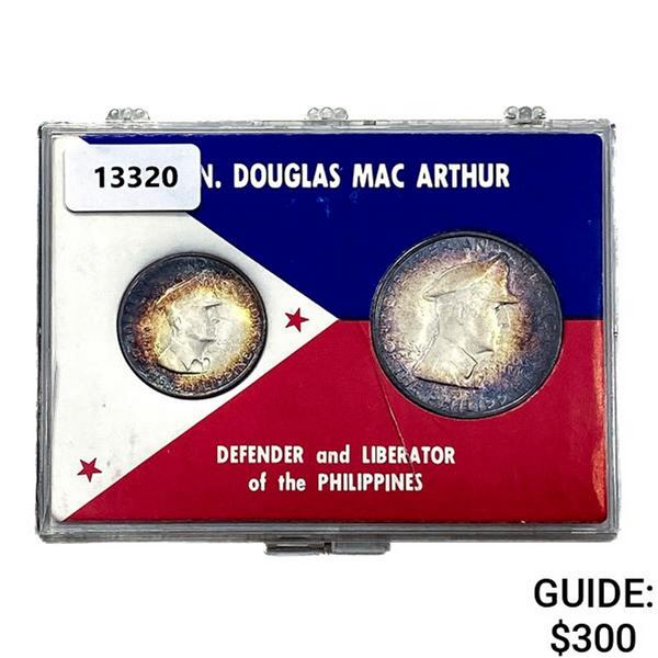 1947-S BU, Toned Philippines Silver 1 Peso and 50 Centavos 2 Coin Set