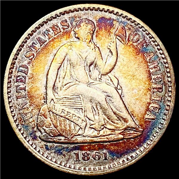 1861 Rainbow Toned Seated Liberty Half Dime CLOSELY UNCIRCULATED
