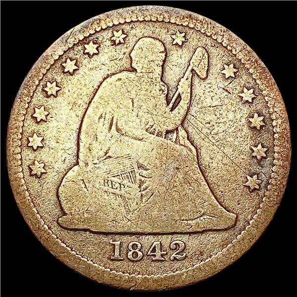1842-O Lg Dt Seated Liberty Quarter NICELY CIRCULATED