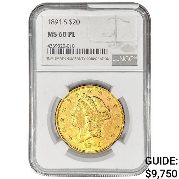 1891-S $20 Gold Double Eagle NGC MS60 PL