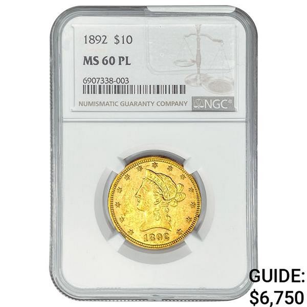 1892 $10 Gold Eagle NGC MS60 PL