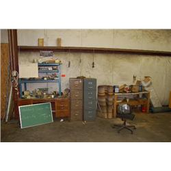 WOODEN DESK, (3) FILE CABINETS