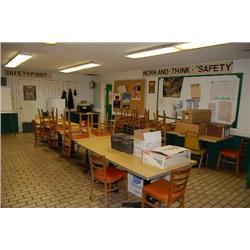BREAKROOM & OFFICE CONTENTS OF BREAKROOM, 12 TABLES, SANYO REFRIGERATOR, PEG BOARD, MICROWAVE, STOVE