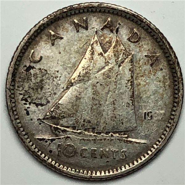 Canadian .10 Cent Dime 1937 UNC Rainbow Toning