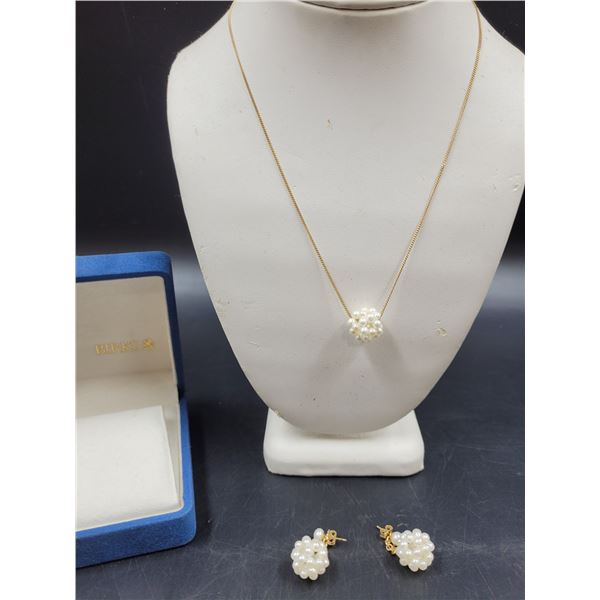 Vintage 14K Gold and Pearl Necklace and Earrings Set