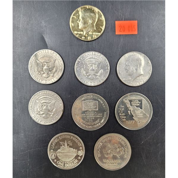 Vintage American Half Dollars, Gold Plated Kennedy Half Dollar, and Canadian Trade Dollars