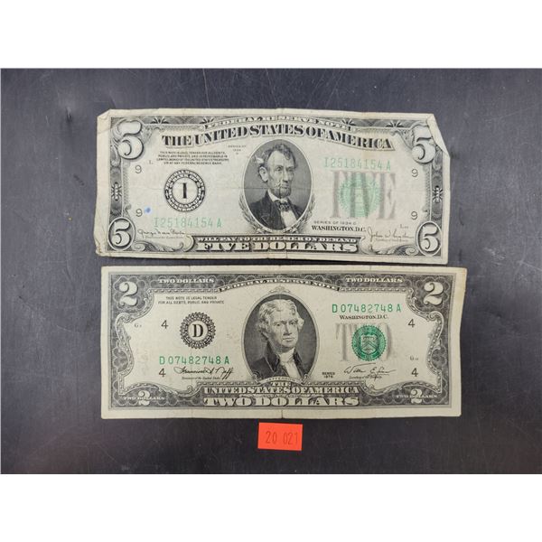 Vintage American $2 and $5 Bills