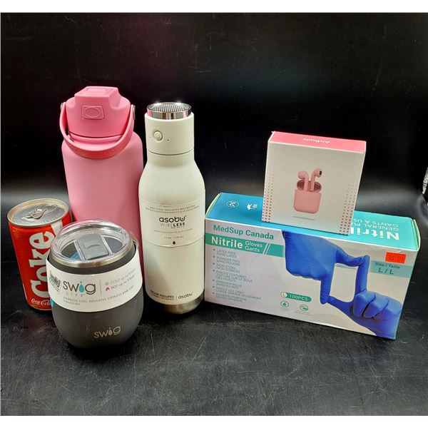 Water Bottles, Airbuds, and Nitrile Gloves