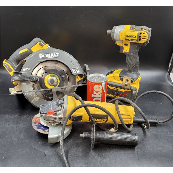 Dewalt Circular Saw, Cordless Impact Driver, and Angle Grinder