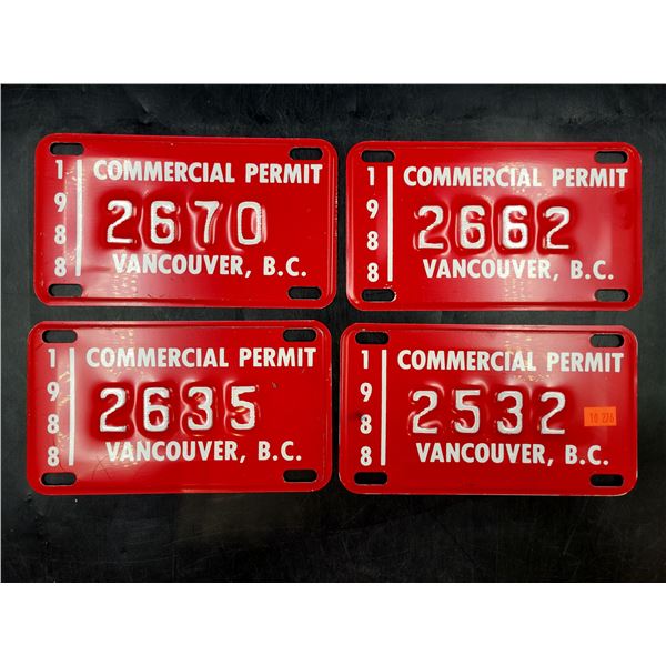 4 Vintage 88' Vancouver, B.C Commercial Permit License Plates