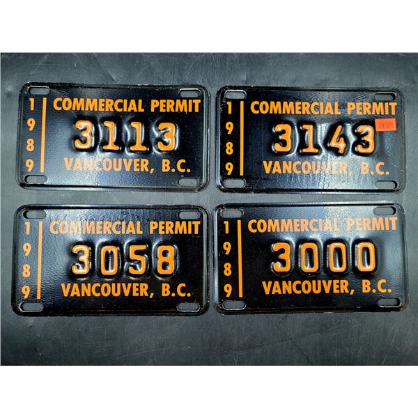 4 Vintage 89' Vancouver, B.C Commercial Permit License Plates