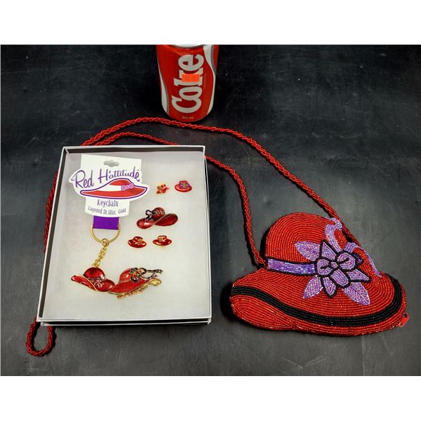 Red Hat Collectibles (Beaded Purse, Pins, Brooch, and Earrings)