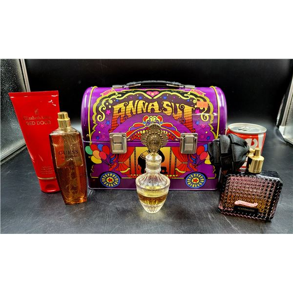 Anna Sui Metal Lunch Box with Perfumes Guess, Red Door, Juicy, and Scandalous (All Used)