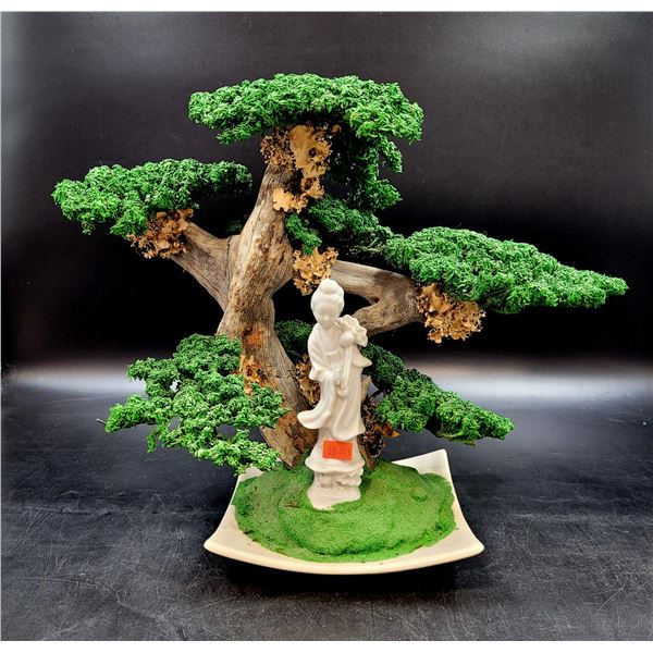 Artificial Bonsai Tree with Lady in Kimono Figurine