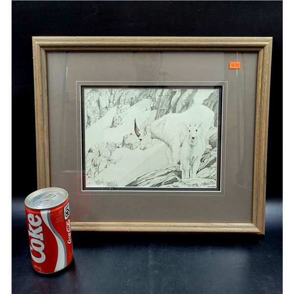 Vintage Signed & Framed Mountain Goat Drawing Print