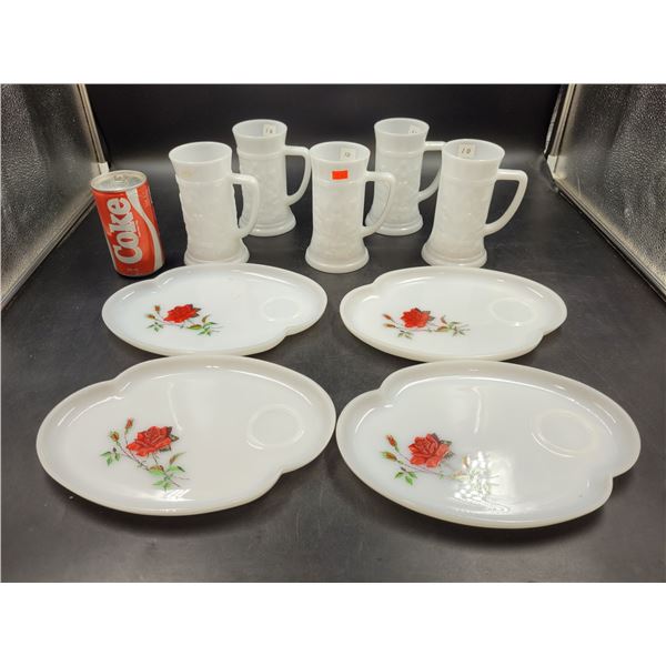 Vintage Federal Milk Glass Atomic Flower Plates & Mugs