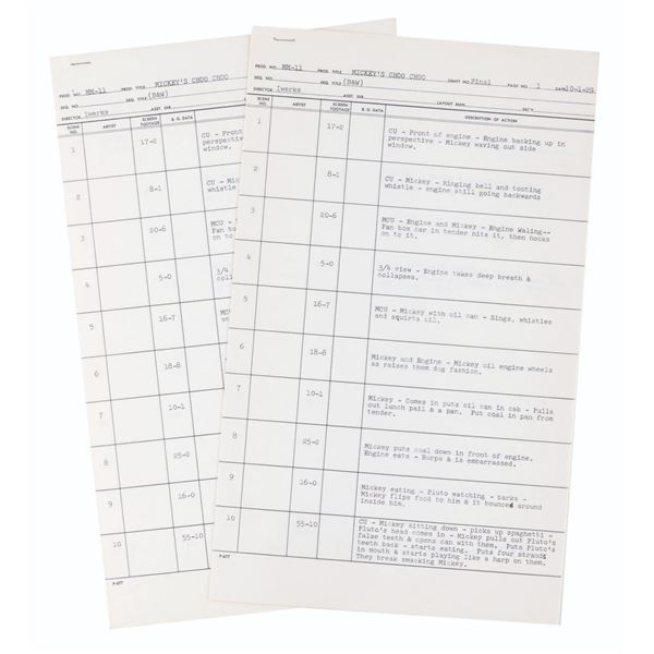 A Pair of "Mickey's Choo-Choo" Timing Sheets.