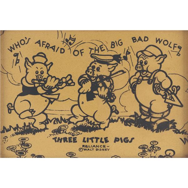 A 1933 Reliance Three Little Pigs Glass Enamel Picture.