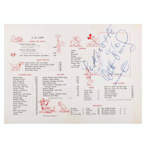 A Walt Disney Signed Disney Studio Restaurant Menu.